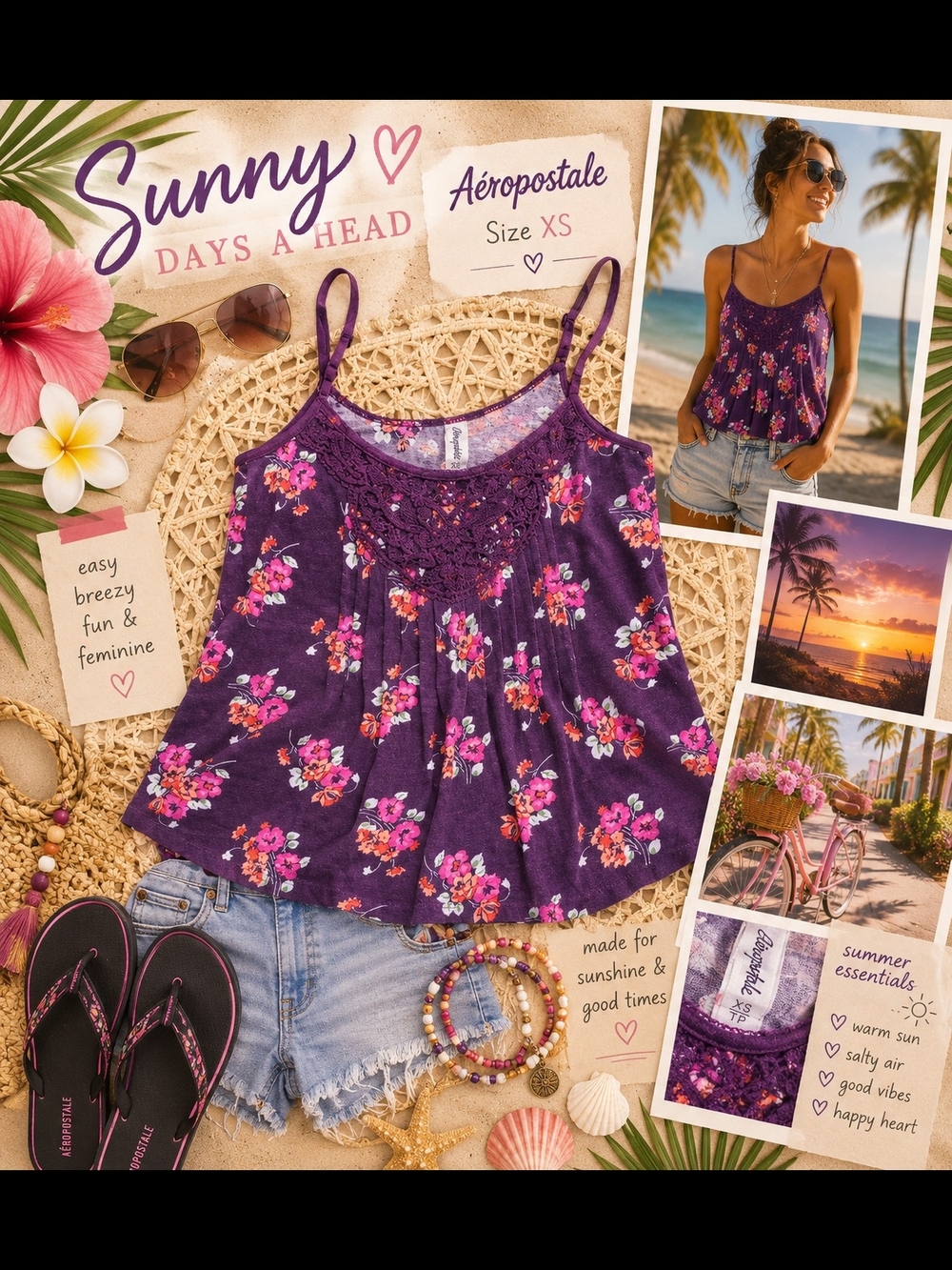 Aeropostale Purple Floral Crochet-Trim Camisole